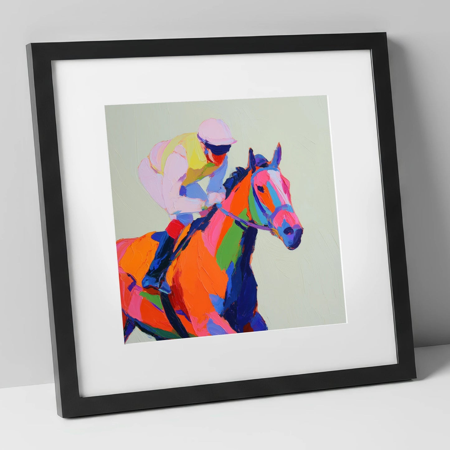 Vibrant Final Furlong racing horse art print in black frame