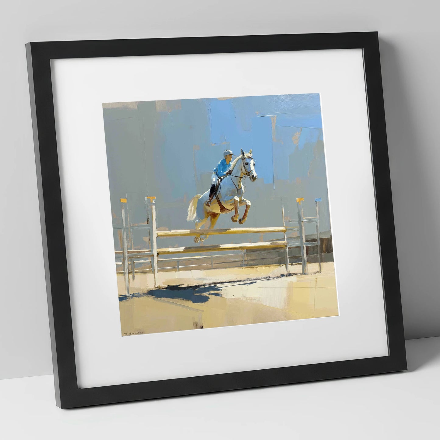 Sunlit Flight show jumping horse art print in black frame