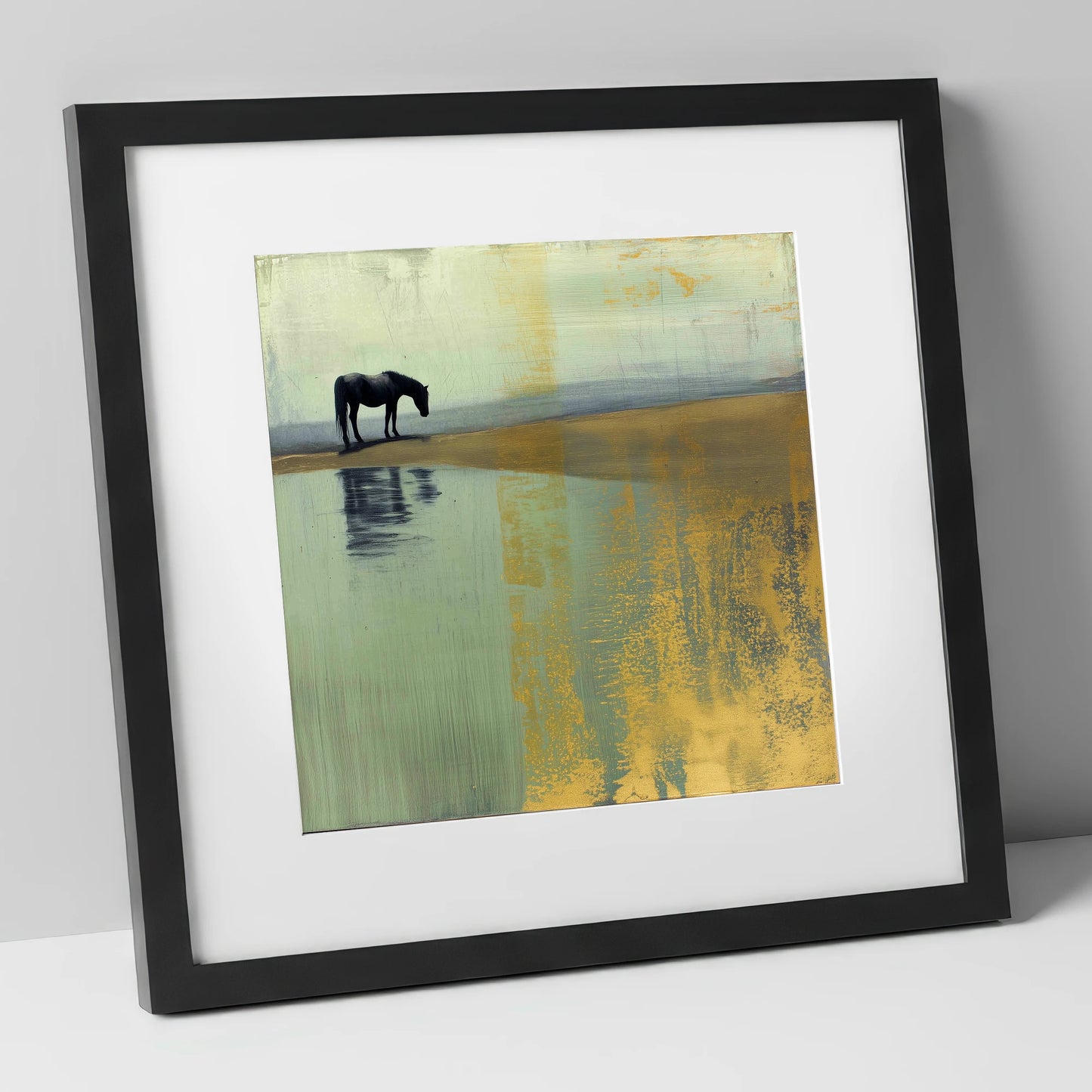 Gilded Solitude horse landscape art print in black frame