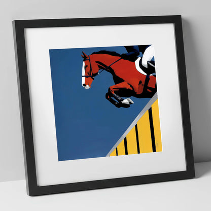 Suspended in Blue show jumping horse art print in black frame