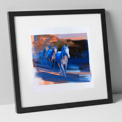 Cobalt Dawn Herd wild horses art print in black frame