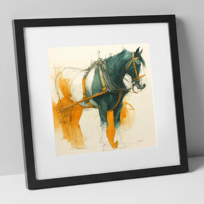 Teal and Amber Draft working horse art print in black frame