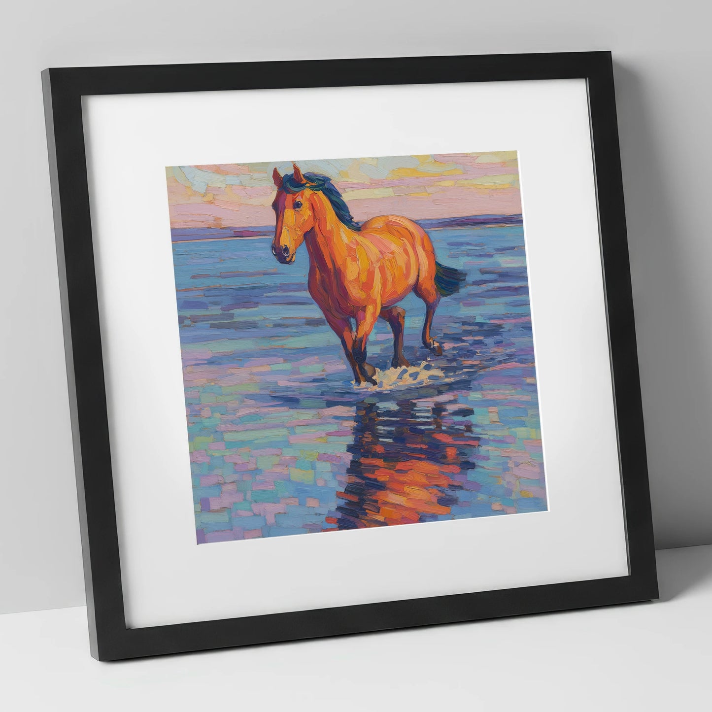 Sunset Shallows Stride beach horse art print in black frame