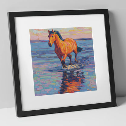 Sunset Shallows Stride beach horse art print in black frame