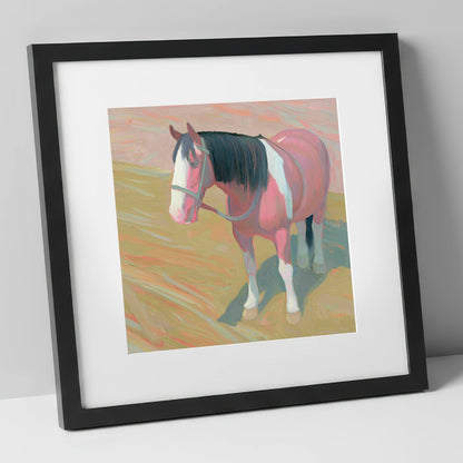 The Gentle Skewbald working horse art print in black frame