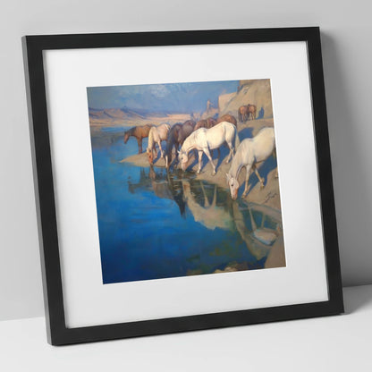 Oasis Reflections wild horses art print in black frame