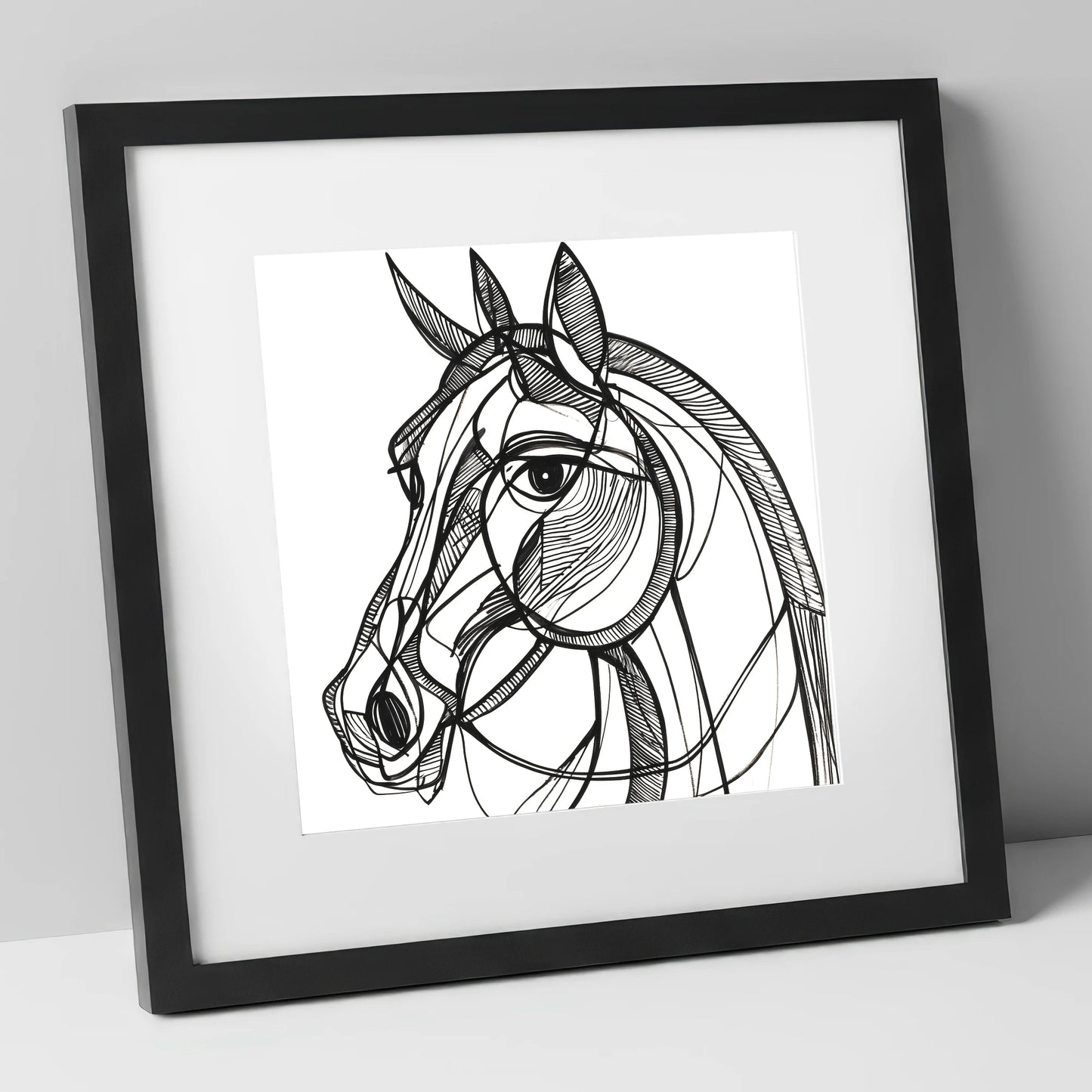 Bold Linear Equine horse portrait art print in black frame