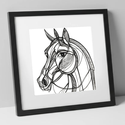 Bold Linear Equine horse portrait art print in black frame