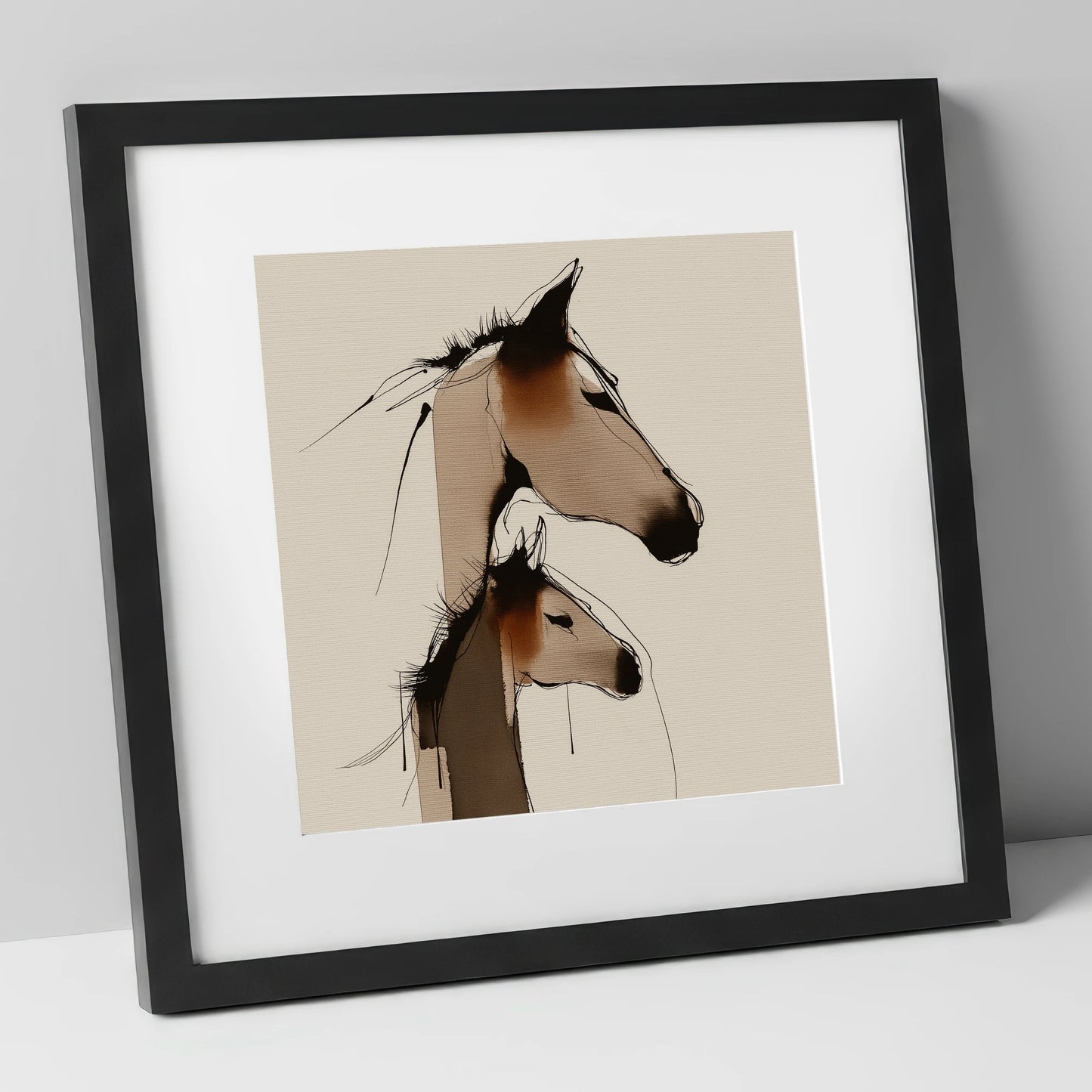 Tender Sepia Bond mare & foal art print in black frame