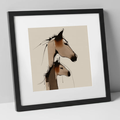 Tender Sepia Bond mare & foal art print in black frame