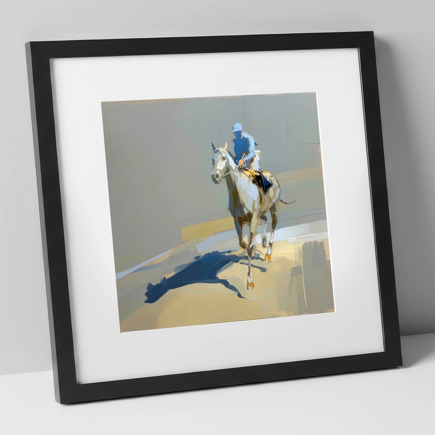 Shadows in the Paddock racing horse art print in black frame