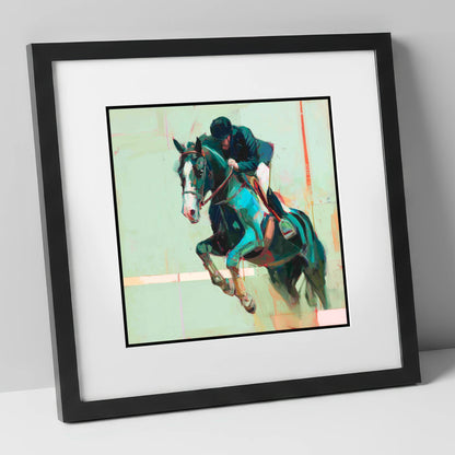 Airborne in Teal show jumping horse art print in black frame