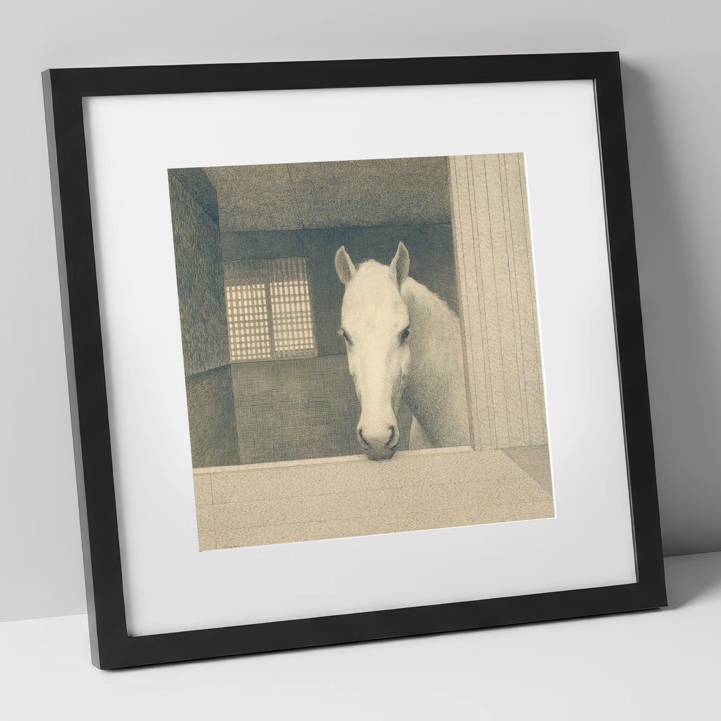 Quiet Contemplation horse stable art print in black frame