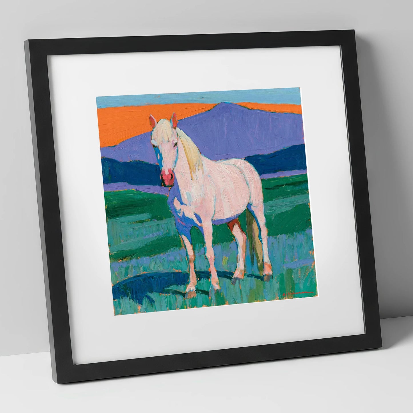Grey Horse in Colourful Landscape horse breed art print in black frame
