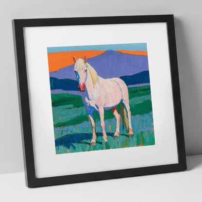 Grey Horse in Colourful Landscape horse breed art print in black frame