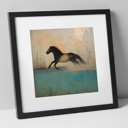Gilded Horizon Canter horse landscape art print in black frame
