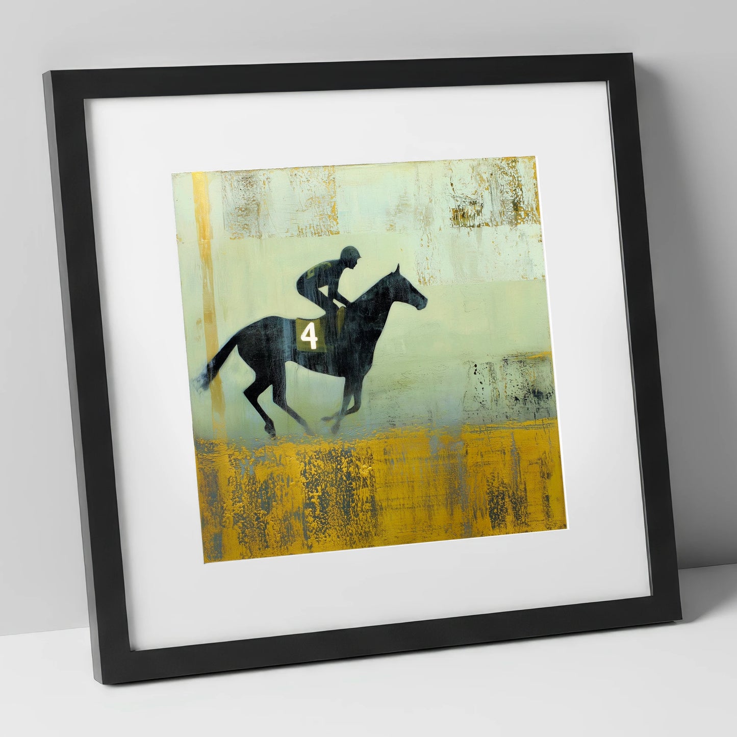 Gilded Number Four racing horse art print in black frame