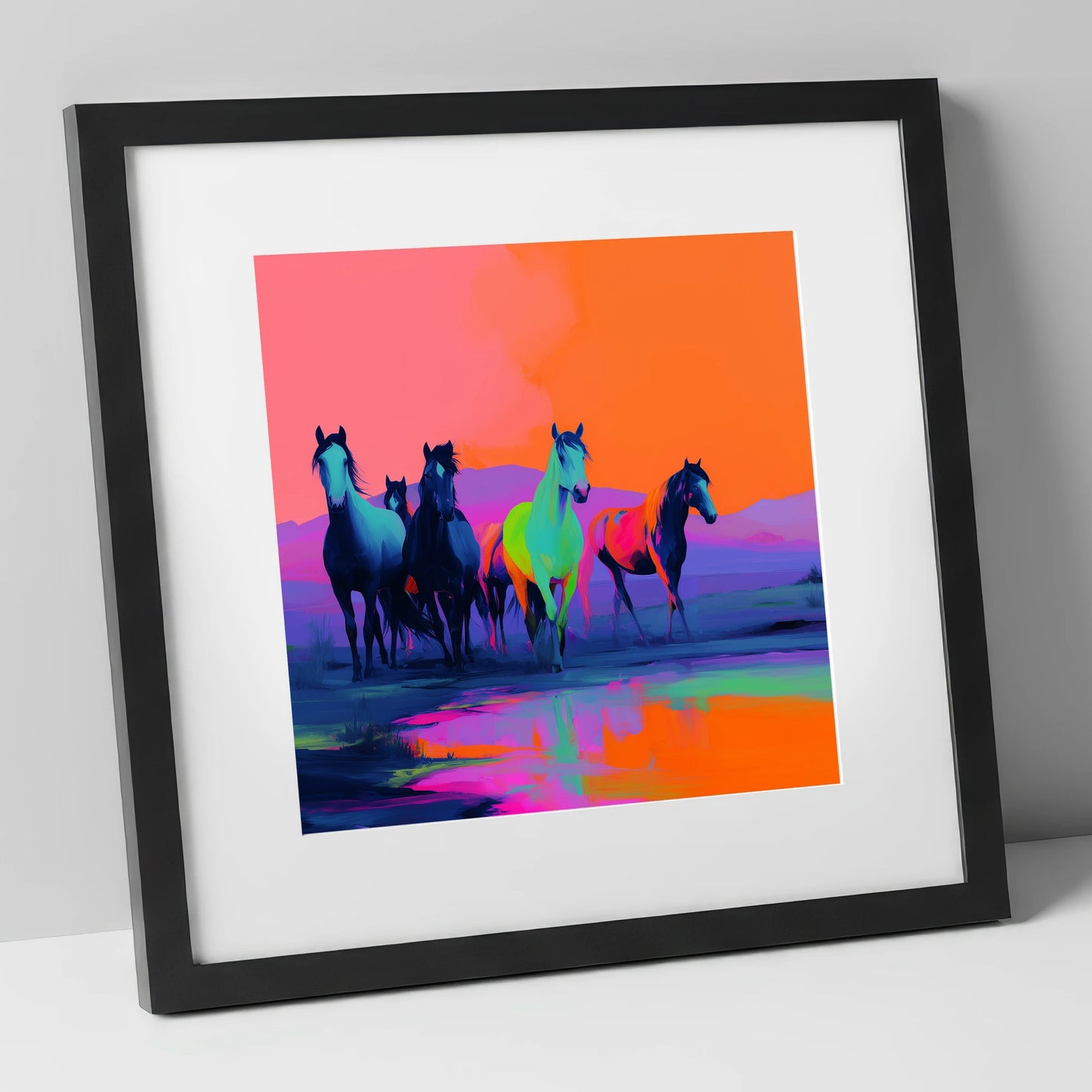 Electric Horizons wild horses art print in black frame
