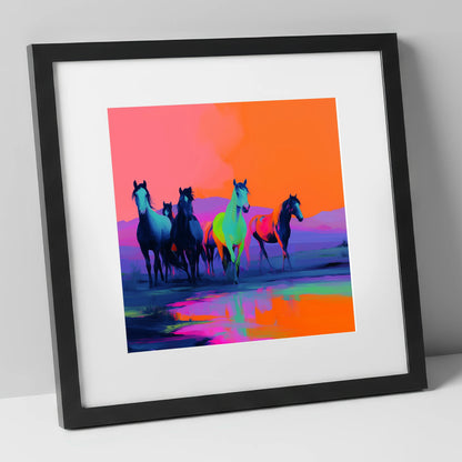 Electric Horizons wild horses art print in black frame