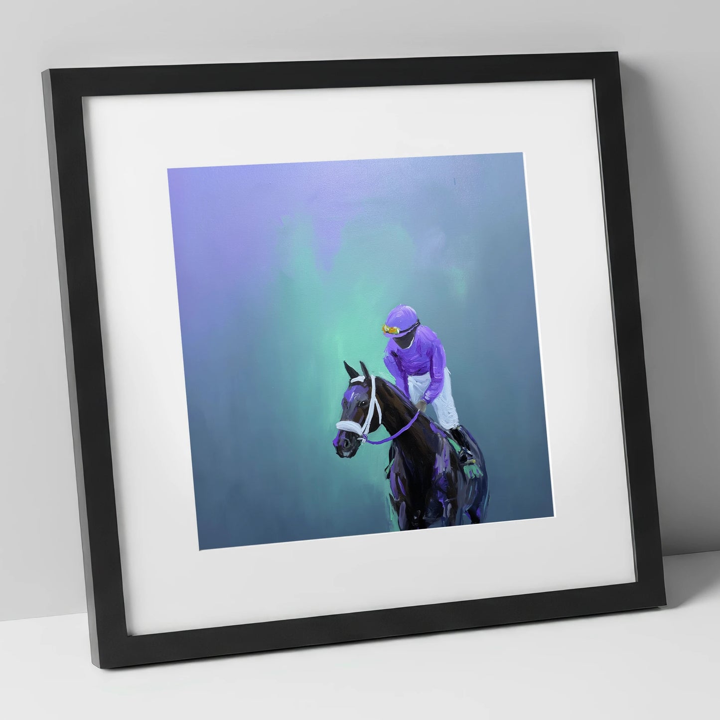 Quiet at the Post racing horse art print in black frame