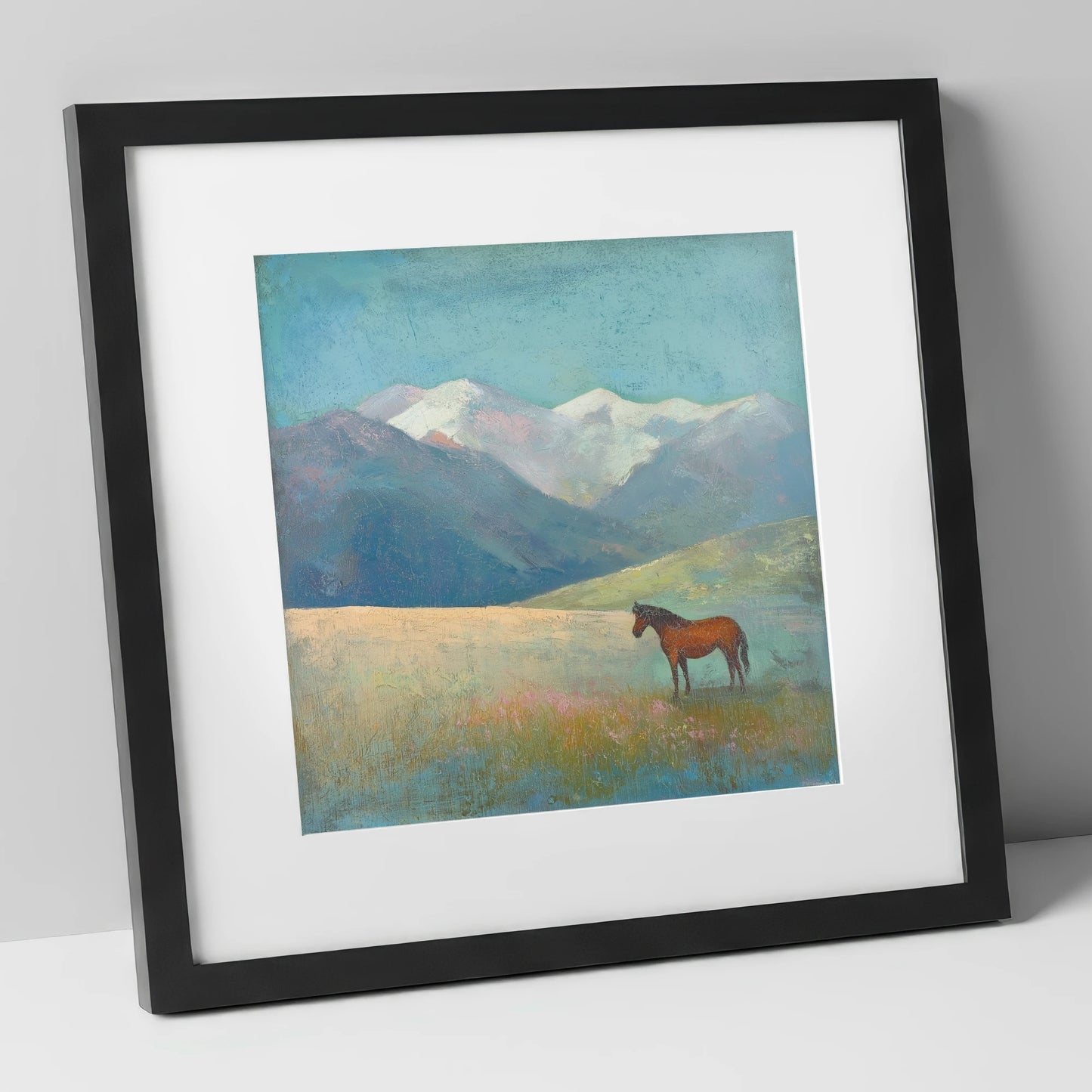 Alpine Solitude horse landscape art print in black frame