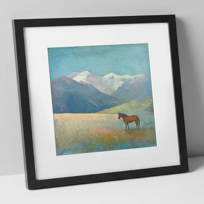 Alpine Solitude horse landscape art print in black frame
