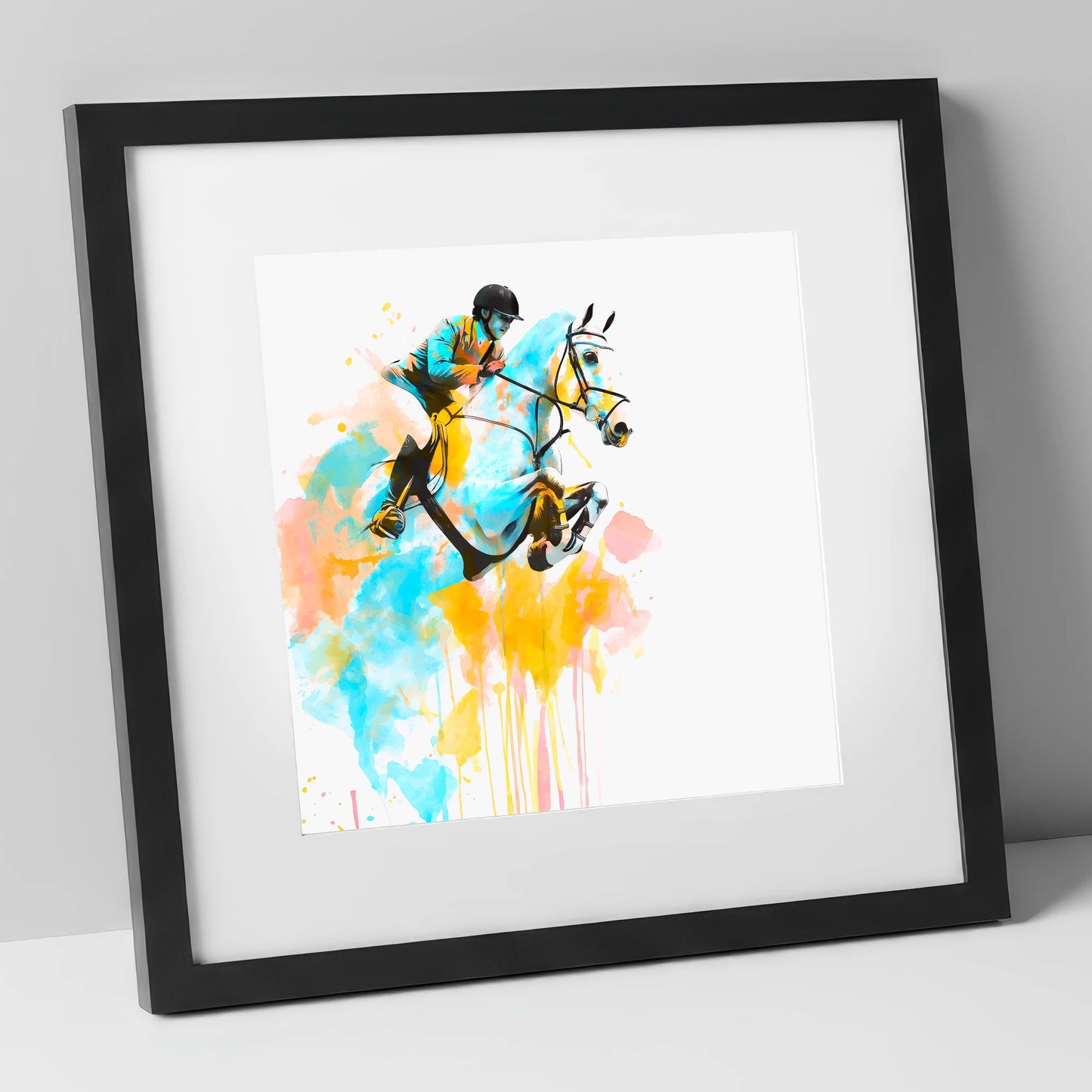 Suspended in Colour show jumping horse art print in black frame
