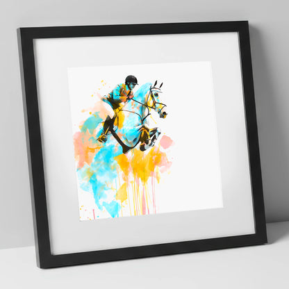Suspended in Colour show jumping horse art print in black frame