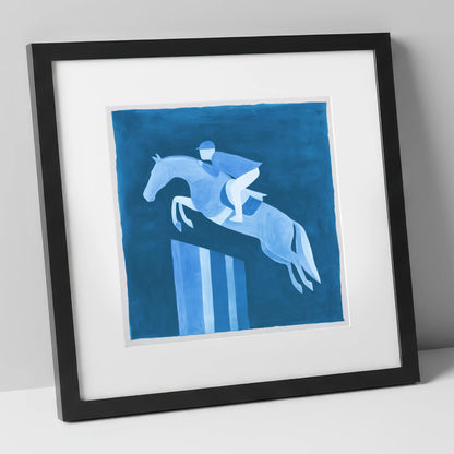 Azure Ascent show jumping horse art print in black frame