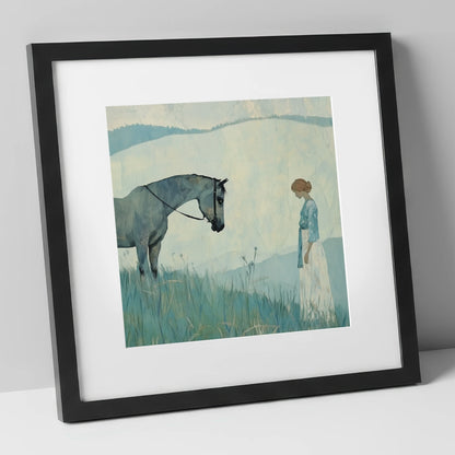 Gentle Regard horse & rider art print in black frame