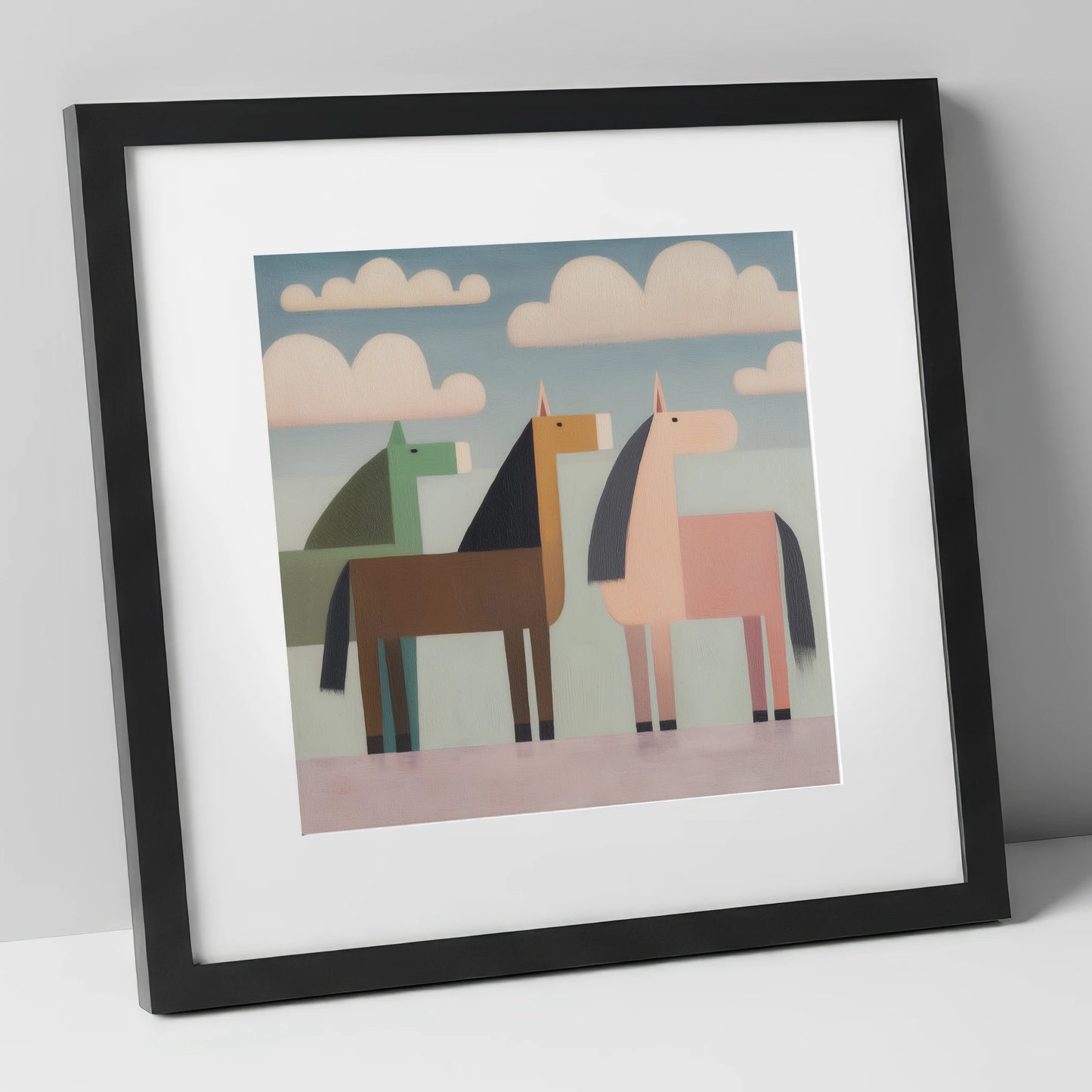 Serene Stylised Herd horse landscape art print in black frame