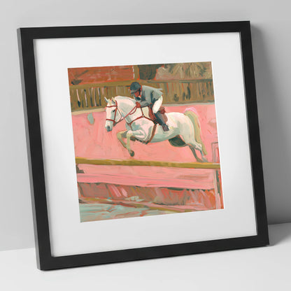 Flight in Dusty Pink show jumping horse art print in black frame