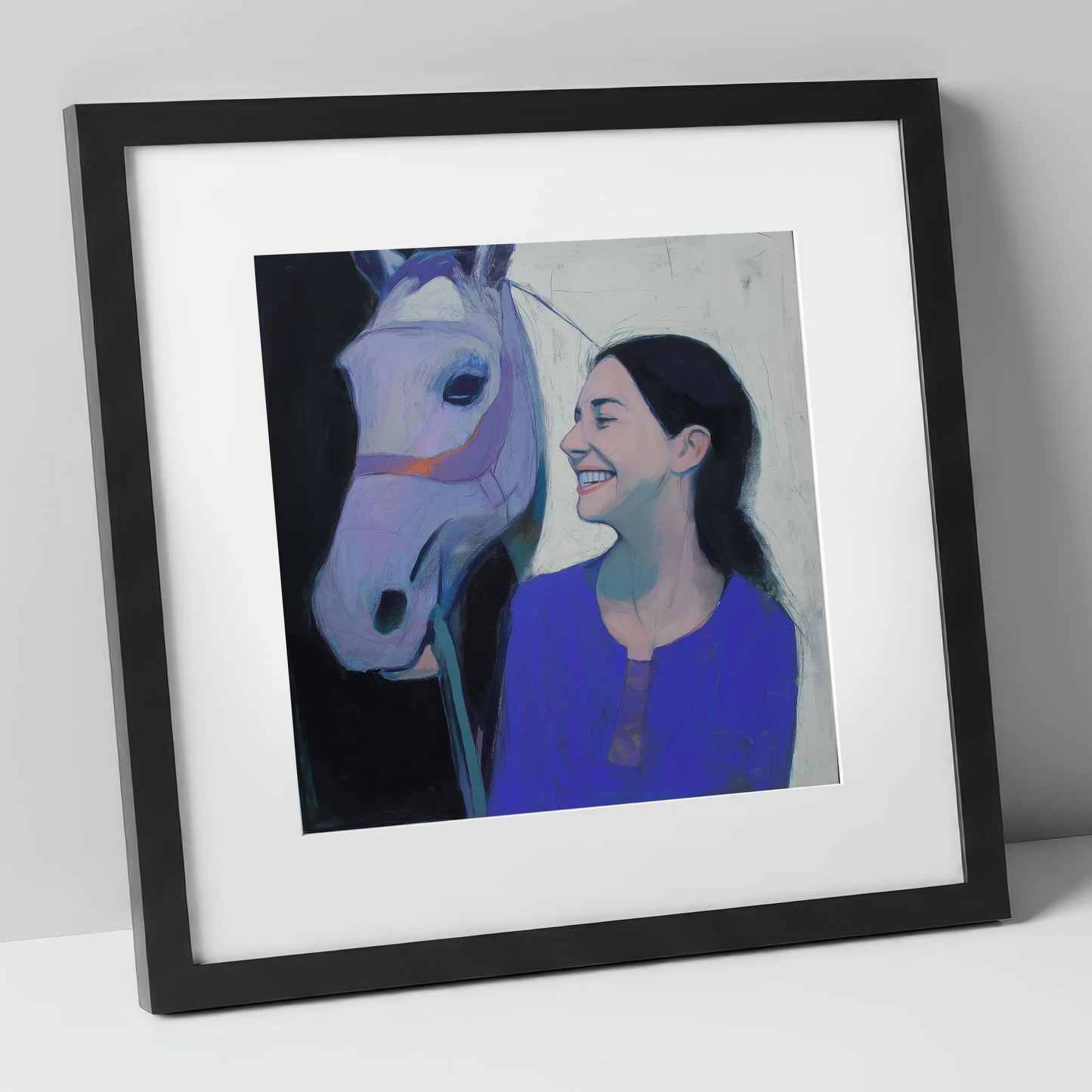 The Royal Blue Bond horse & rider art print in black frame