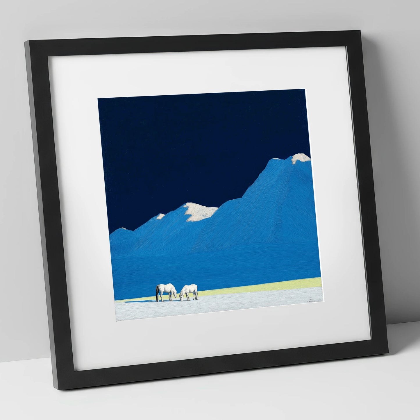 Cobalt Peaks and Greys horse landscape art print in black frame