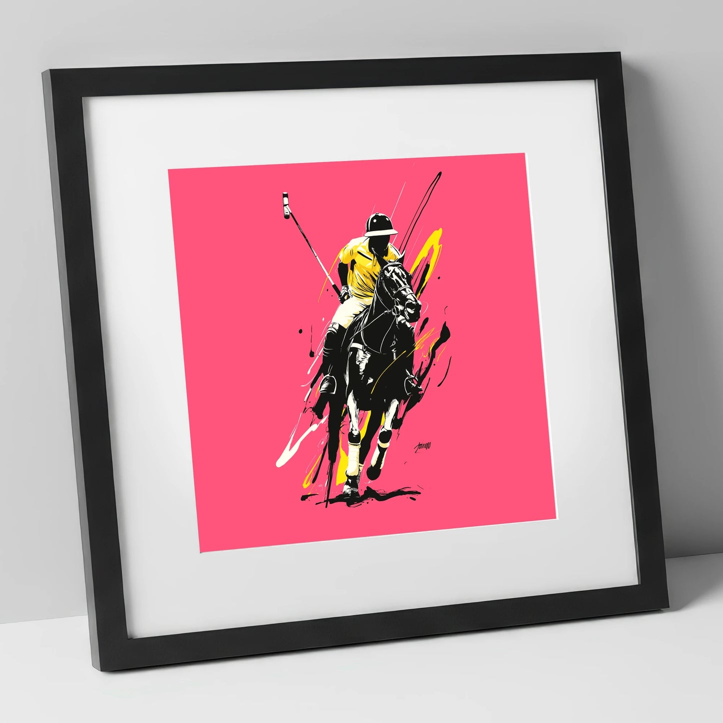 Velocity in Magenta polo horse art print in black frame