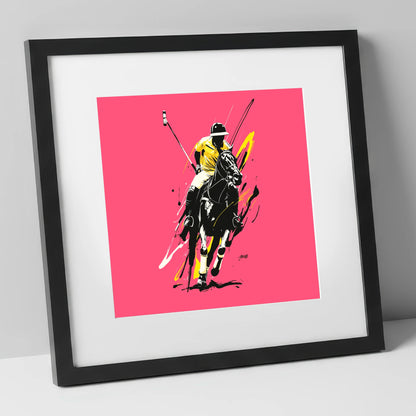 Velocity in Magenta polo horse art print in black frame