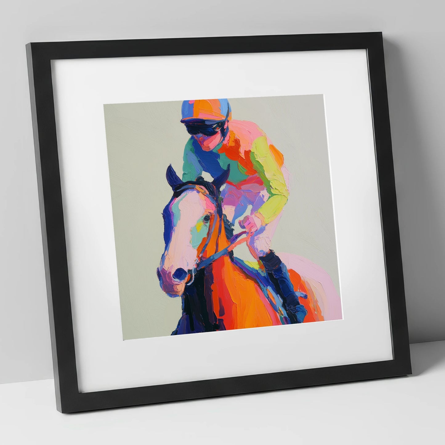The Vibrant Sprint racing horse art print in black frame