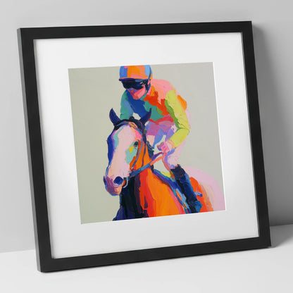 The Vibrant Sprint racing horse art print in black frame