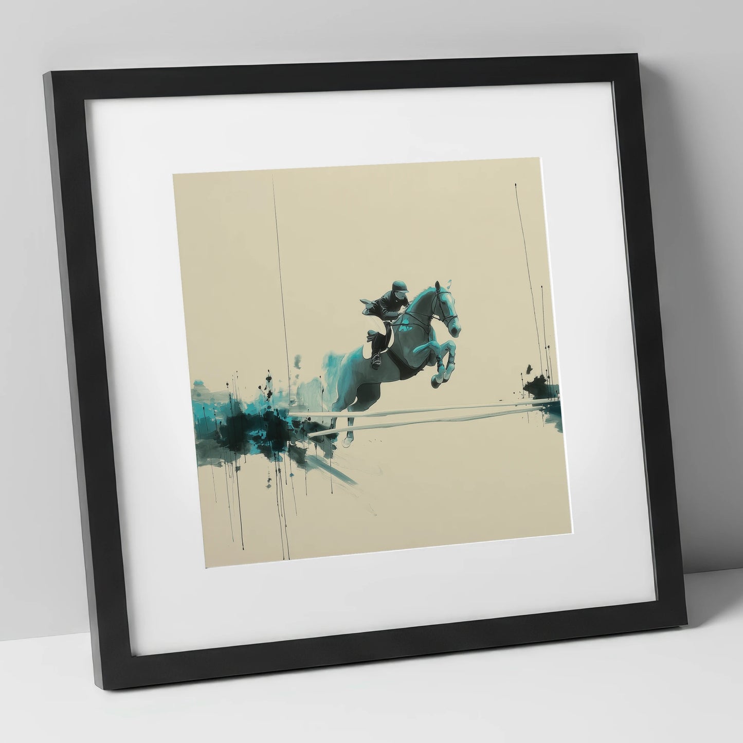 Airborne in Teal show jumping horse art print in black frame