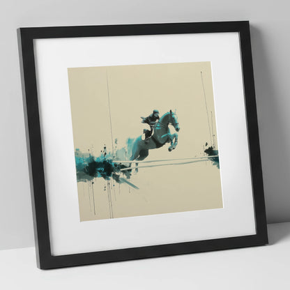 Airborne in Teal show jumping horse art print in black frame