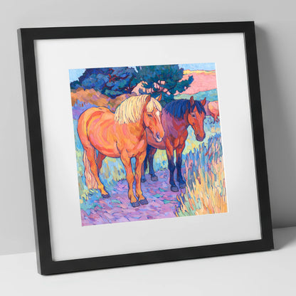 Sunset Pasture Companions horse landscape art print in black frame