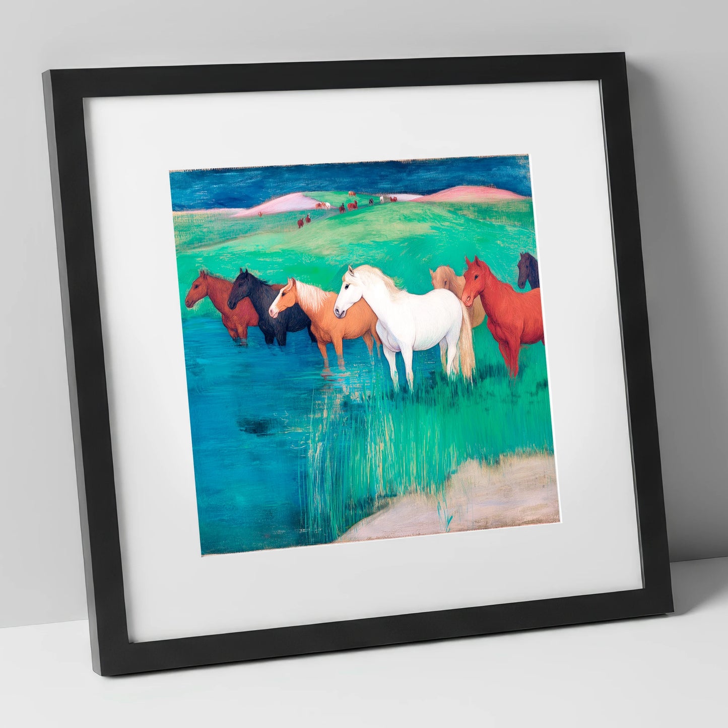The Emerald Shallows wild horses art print in black frame