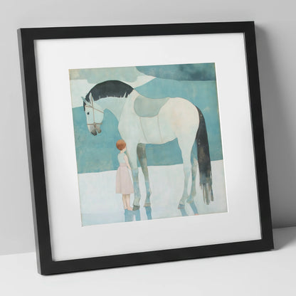 Quiet Trust horse & rider art print in black frame