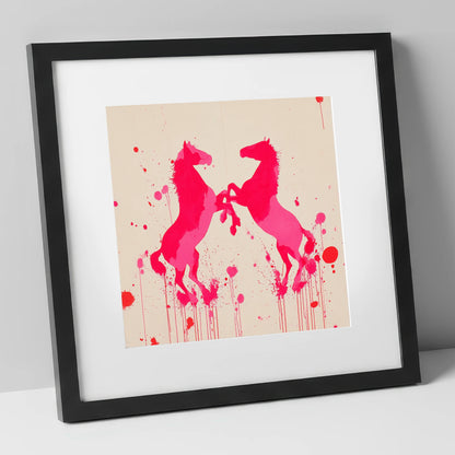 Rearing in Magenta wild horses art print in black frame