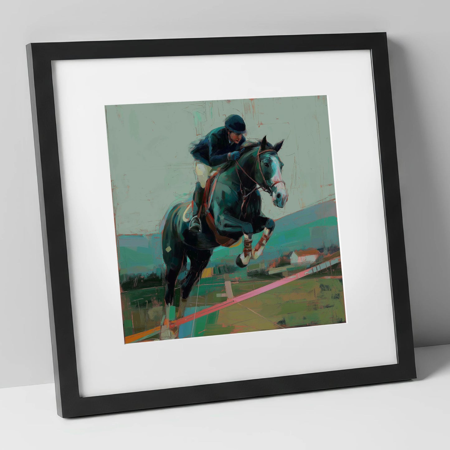 Midnight Flight show jumping horse art print in black frame