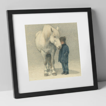 Quiet Trust horse & rider art print in black frame
