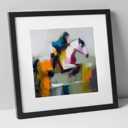 Vivid Flight show jumping horse art print in black frame