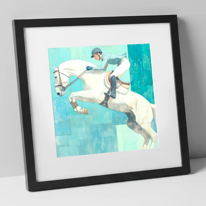 Airborne in Aquamarine show jumping horse art print in black frame