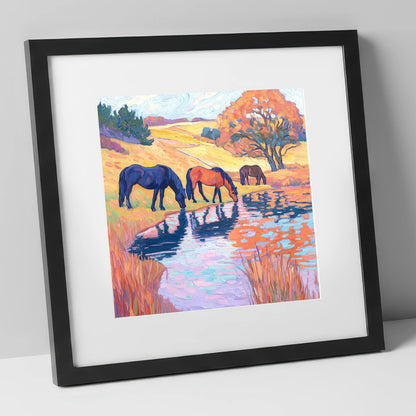 Painted Pasture Reflections horse landscape art print in black frame