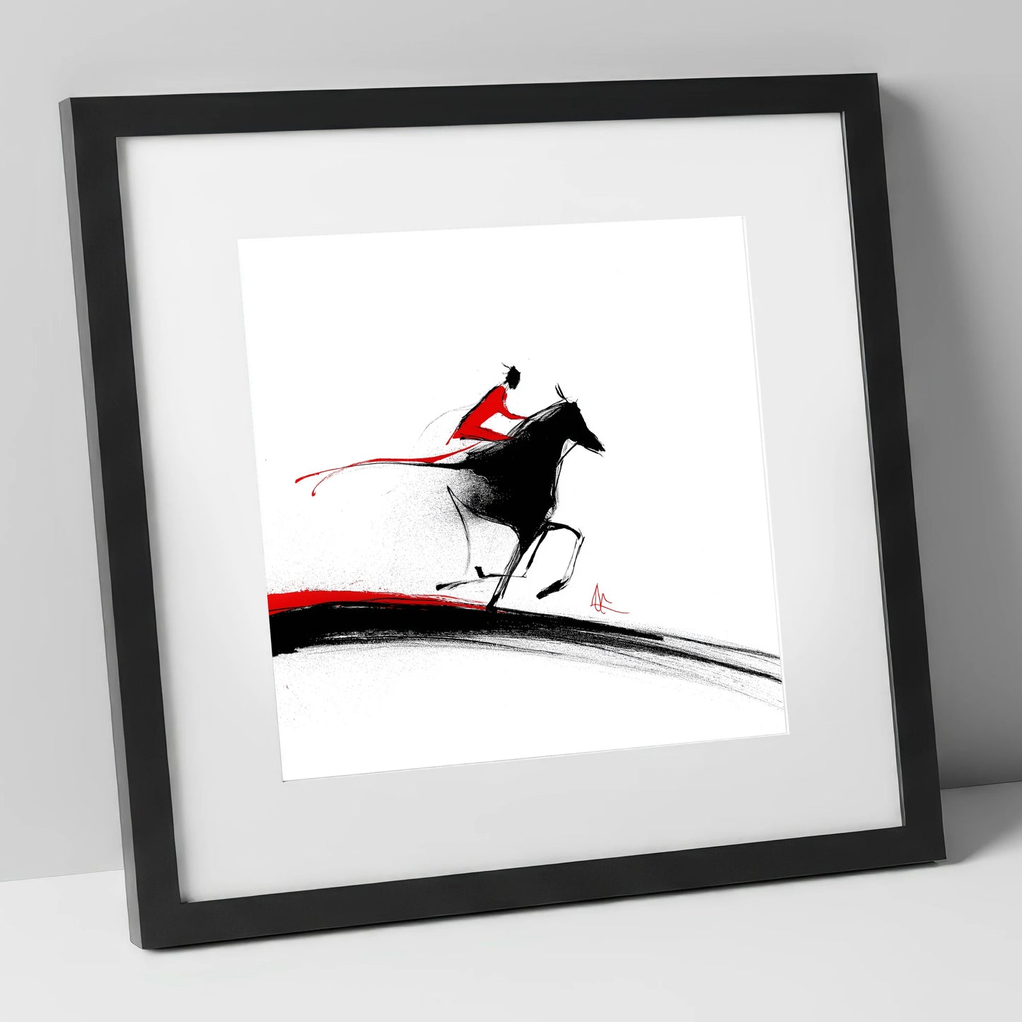 Crimson Pursuit racing horse art print in black frame